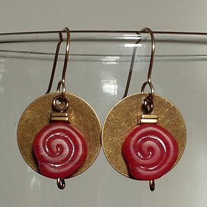 Boho Red Glass Swirl Brass Circle Disk Earrings